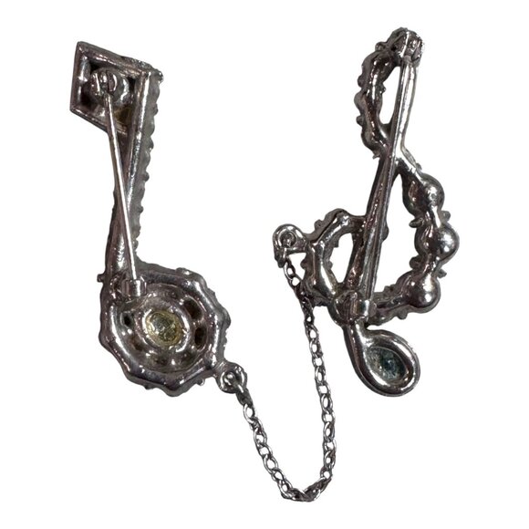 Vtg Crystal Emerald Scarf Clip Chain Lapel Trebel Clef Musician Gift Rhinestone - Picture 2 of 4